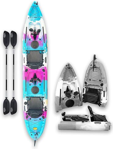 Brooklyn 13.0 Tandem 3-Piece Modular Kayak من BKC، كاياك للجلوس على القمة لشخصين، محركات زعنفة مزدوجة، توجيه الدفة، حاملات القضبان، تخزين جاف وافر in Kuwait