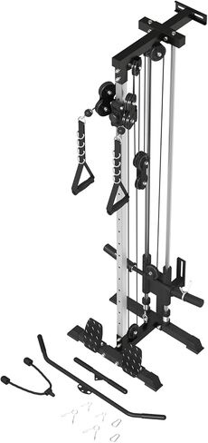 ER Kang Cable Station Wall Mount, 18in Pulley Tower, Dual Pulley System, High & Low Cable Machine, LAT Pull-Down & Row Tower with Flip-Up Footplate, Home Gym Cable Crossover, Black in Saudi Arabia