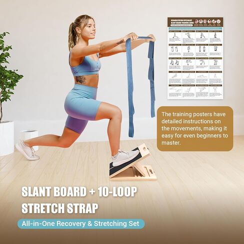 Slant Board for Calf Stretching, Adjustable Wooden Calf Stretch Board with Stretch Strap & Training Poster, 300 Lbs Weight Capacity Velour Board for Calf Ankle Achilles Physical Therapy Leg Exercisers in Kuwait