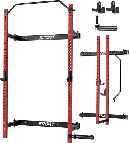 Garvee Folding Squat Rack for Home Gym, 2.36 in x 2.36 in Wall Mounted Foldable Squat Rack with Pull Up Bar, J Hooks and Landmine Attachments, 1000 LBS Capacity Space Saving Weight Power Cage in Saudi Arabia