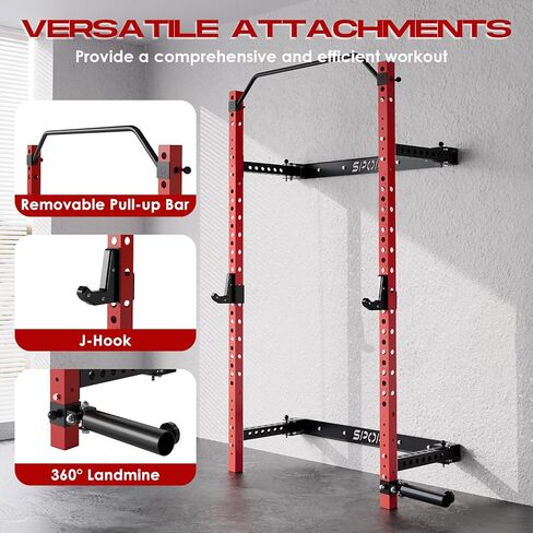 Garvee Folding Squat Rack for Home Gym, 2.36 in x 2.36 in Wall Mounted Foldable Squat Rack with Pull Up Bar, J Hooks and Landmine Attachments, 1000 LBS Capacity Space Saving Weight Power Cage in Saudi Arabia