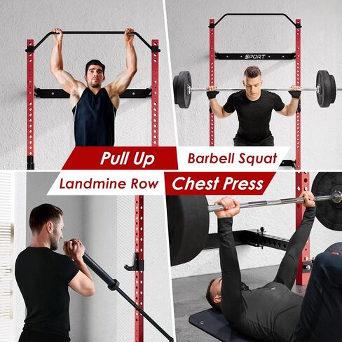 Garvee Folding Squat Rack for Home Gym, 2.36 in x 2.36 in Wall Mounted Foldable Squat Rack with Pull Up Bar, J Hooks and Landmine Attachments, 1000 LBS Capacity Space Saving Weight Power Cage in Saudi Arabia