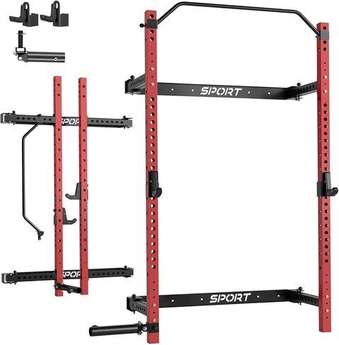 Garvee Folding Squat Rack for Home Gym, 2.36 in x 2.36 in Wall Mounted Foldable Squat Rack with Pull Up Bar, J Hooks and Landmine Attachments, 1000 LBS Capacity Space Saving Weight Power Cage in Saudi Arabia