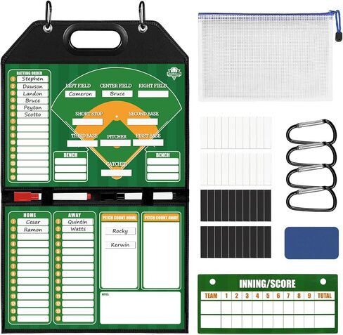 Magnetic Baseball Lineup Board for Dugout | Leather Cover, Foldable Coaching Board for Baseball & Softball with Carry Handle, Includes 40 Lineup Cards,Scoreboard, 2 Markers, Eraser, 4 Carabiners & Bag in Kuwait