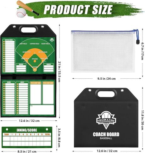 Magnetic Baseball Lineup Board for Dugout | Leather Cover, Foldable Coaching Board for Baseball & Softball with Carry Handle, Includes 40 Lineup Cards,Scoreboard, 2 Markers, Eraser, 4 Carabiners & Bag in Kuwait