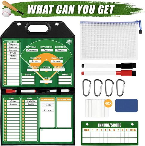Magnetic Baseball Lineup Board for Dugout | Leather Cover, Foldable Coaching Board for Baseball & Softball with Carry Handle, Includes 40 Lineup Cards,Scoreboard, 2 Markers, Eraser, 4 Carabiners & Bag in Kuwait