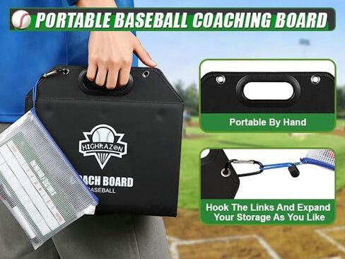 Magnetic Baseball Lineup Board for Dugout | Leather Cover, Foldable Coaching Board for Baseball & Softball with Carry Handle, Includes 40 Lineup Cards,Scoreboard, 2 Markers, Eraser, 4 Carabiners & Bag in Kuwait