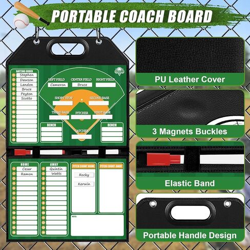 Magnetic Baseball Lineup Board for Dugout | Leather Cover, Foldable Coaching Board for Baseball & Softball with Carry Handle, Includes 40 Lineup Cards,Scoreboard, 2 Markers, Eraser, 4 Carabiners & Bag in Kuwait