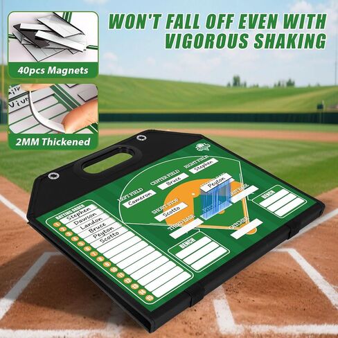 Magnetic Baseball Lineup Board for Dugout | Leather Cover, Foldable Coaching Board for Baseball & Softball with Carry Handle, Includes 40 Lineup Cards,Scoreboard, 2 Markers, Eraser, 4 Carabiners & Bag in Kuwait