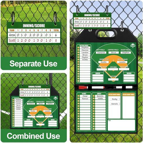 Magnetic Baseball Lineup Board for Dugout | Leather Cover, Foldable Coaching Board for Baseball & Softball with Carry Handle, Includes 40 Lineup Cards,Scoreboard, 2 Markers, Eraser, 4 Carabiners & Bag in Kuwait