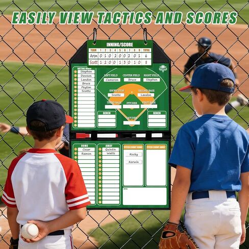 Magnetic Baseball Lineup Board for Dugout | Leather Cover, Foldable Coaching Board for Baseball & Softball with Carry Handle, Includes 40 Lineup Cards,Scoreboard, 2 Markers, Eraser, 4 Carabiners & Bag in Kuwait