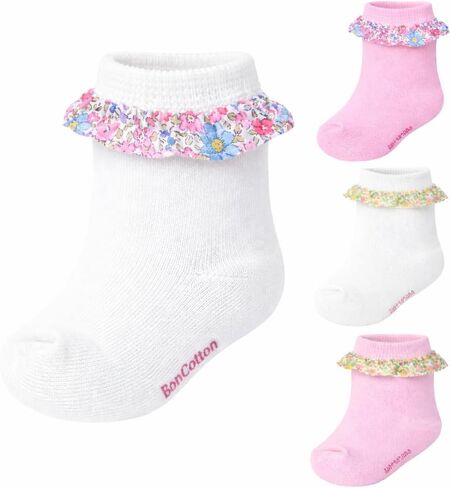 Girls Ruffle Ankle Socks – Soft Cotton Dress Crew, White & Pink – Baby & Toddler Summer Style 4 Pairs in Saudi Arabia