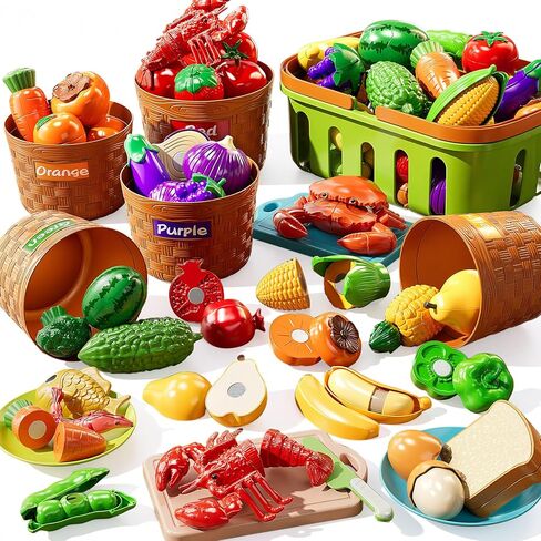 Play Food Set for Kids, Toddler Learning Toys, Cutting Food Toy Color Sorting Set, Pretend Food Play Kitchen Accessories for Kids, Birthday Gifts for 3-8 Years old Boys Girls Educational Toys in Kuwait