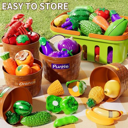 Play Food Set for Kids, Toddler Learning Toys, Cutting Food Toy Color Sorting Set, Pretend Food Play Kitchen Accessories for Kids, Birthday Gifts for 3-8 Years old Boys Girls Educational Toys in Kuwait