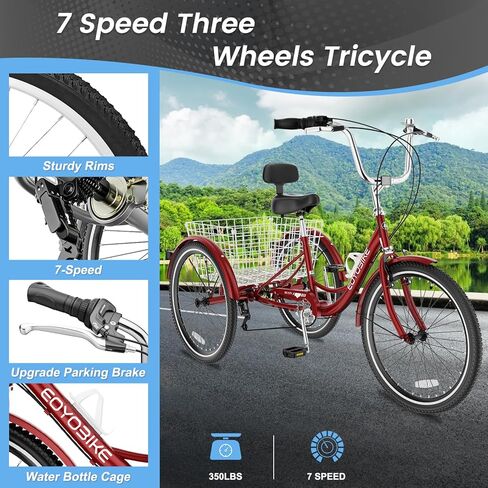 دراجة ثلاثية العجلات للكبار من Slsy بـ 7 سرعات، دراجة ثلاثية العجلات مقاس 20/24/26 بوصة للبالغين مع سلة تسوق كبيرة، دراجة ثلاثية للبالغين بسعة 350 رطلًا لكبار السن والنساء والرجال in Kuwait