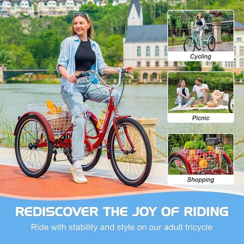 دراجة ثلاثية العجلات للكبار من Slsy بـ 7 سرعات، دراجة ثلاثية العجلات مقاس 20/24/26 بوصة للبالغين مع سلة تسوق كبيرة، دراجة ثلاثية للبالغين بسعة 350 رطلًا لكبار السن والنساء والرجال in Kuwait