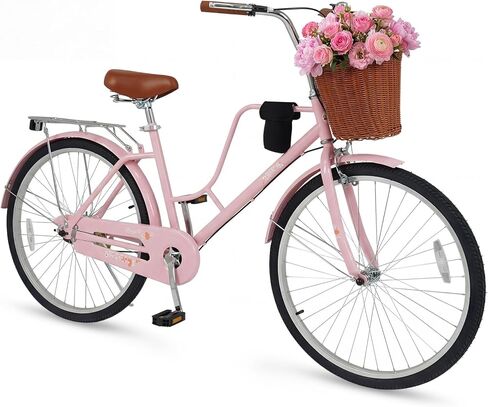 GYMAX 24 26 inch Beach Cruiser Bike, Retro Commuter Bike w/Rattan Basket, Rear Rack, Cup Holder, Adjustable Seat & Handlebar, Bell, Kickstand, City Bike for Women in Saudi Arabia
