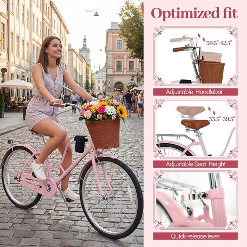 GYMAX 24 26 inch Beach Cruiser Bike, Retro Commuter Bike w/Rattan Basket, Rear Rack, Cup Holder, Adjustable Seat & Handlebar, Bell, Kickstand, City Bike for Women in Saudi Arabia