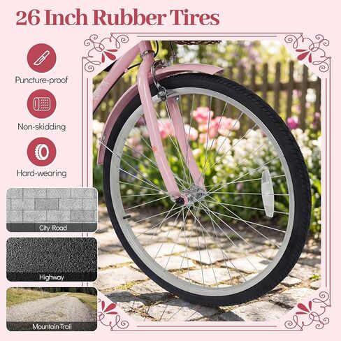 GYMAX 24 26 inch Beach Cruiser Bike, Retro Commuter Bike w/Rattan Basket, Rear Rack, Cup Holder, Adjustable Seat & Handlebar, Bell, Kickstand, City Bike for Women in Saudi Arabia