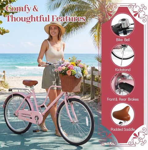 GYMAX 24 26 inch Beach Cruiser Bike, Retro Commuter Bike w/Rattan Basket, Rear Rack, Cup Holder, Adjustable Seat & Handlebar, Bell, Kickstand, City Bike for Women in Saudi Arabia