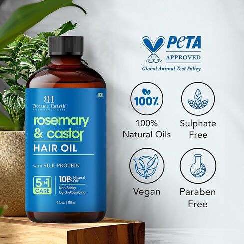 Botanic Hearth Hair Oil for Hair Growth | Strengthening Dry, Frizzy, Damaged Hair & Scalp Treatment | No Parabens or Harmful Sulfates | All Hair Types | Rosemary Castor Hair Oil - 4 Fl Oz in Kuwait