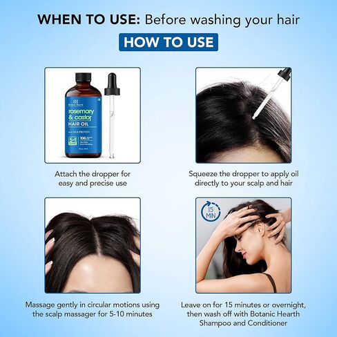 Botanic Hearth Hair Oil for Hair Growth | Strengthening Dry, Frizzy, Damaged Hair & Scalp Treatment | No Parabens or Harmful Sulfates | All Hair Types | Rosemary Castor Hair Oil - 4 Fl Oz in Kuwait