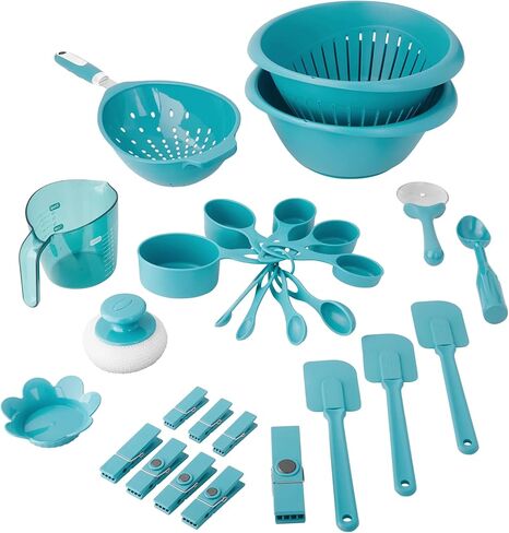 Plastic Kitchen Tools Set, 28pc – Includes Silicone Spatulas, Measuring Cups & Spoons, Colander, Pizza Cutter, Ice Cream Scoop – Teal in Kuwait