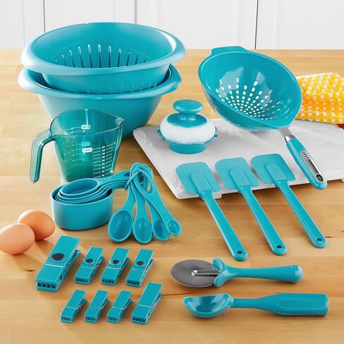 Plastic Kitchen Tools Set, 28pc – Includes Silicone Spatulas, Measuring Cups & Spoons, Colander, Pizza Cutter, Ice Cream Scoop – Teal in Kuwait