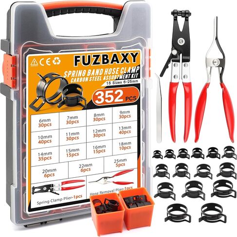 352Pcs Spring Band Hose Clamp Assortment Kit with Pliers, 15 Sizes 6-25mm Spring Band Type Clamps for Fuel Hose Line, Silicone, Vacuum, Low Pressure Air Hoses,DIY Projects,Silicone Hose in Saudi Arabia