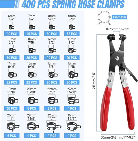 400 قطعة من Housolution 6-35 مم مشابك خرطوم زنبركية، 20 مقاسًا مشابك أنابيب زنبركية مع كماشة مشبك خرطوم، مشبك أنابيب للسيارات وخطوط الوقود والسيليكون وخراطيم الفراغ والتطبيقات الميكانيكية in Kuwait