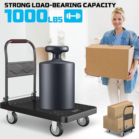 شاحنة منصة، عربة يد قابلة للطي مع عجلة دوارة مقاس 34 بوصة × 22 بوصة، عربة دوللي للخدمة الشاقة، سعة 1000 رطل، 6 عوارض فولاذية حاملة للاستخدام المنزلي في مرآب المستودعات in Kuwait