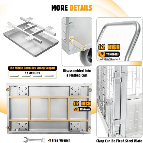 عربة شاحنة ذات منصة مع قفص، عربة مسطحة متعددة الأغراض 6 في 1 قابلة للطي، عربة دفع شديدة التحمل دوللي مع عجلات دوارة بسعة 2000 رطل، عربة يد متعددة الاستخدامات للبقالة/الغسيل/الكشك/التخزين in Kuwait