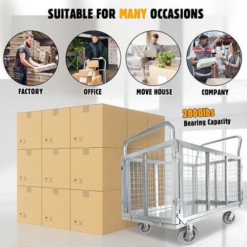 عربة شاحنة ذات منصة مع قفص، عربة مسطحة متعددة الأغراض 6 في 1 قابلة للطي، عربة دفع شديدة التحمل دوللي مع عجلات دوارة بسعة 2000 رطل، عربة يد متعددة الاستخدامات للبقالة/الغسيل/الكشك/التخزين in Kuwait