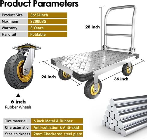 عربة دفع دوللي عربة شاحنة ذات منصة ثقيلة مع عجلة دوارة سعة 2200 رطل، عربة مسطحة قابلة للطي، عربة دوللي ذات منصة فولاذية كبيرة للبقالة، المرآب، المستودعات (36 بوصة × 24 بوصة) in Kuwait