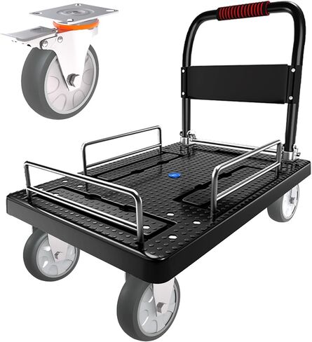 منصة شاحنات مسطحة عربة شديدة التحمل مع عجلات فرامل وسياج عربة يد قابلة للطي سعة 1300 رطل 36 بوصة × 24 بوصة تتحرك دوللي للأثاث/المكتب/البقالة/المرآب، أسود in Kuwait