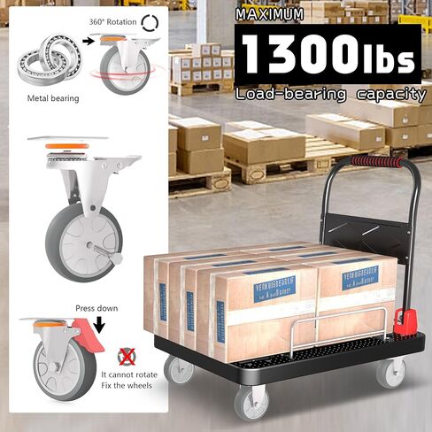 منصة شاحنات مسطحة عربة شديدة التحمل مع عجلات فرامل وسياج عربة يد قابلة للطي سعة 1300 رطل 36 بوصة × 24 بوصة تتحرك دوللي للأثاث/المكتب/البقالة/المرآب، أسود in Kuwait