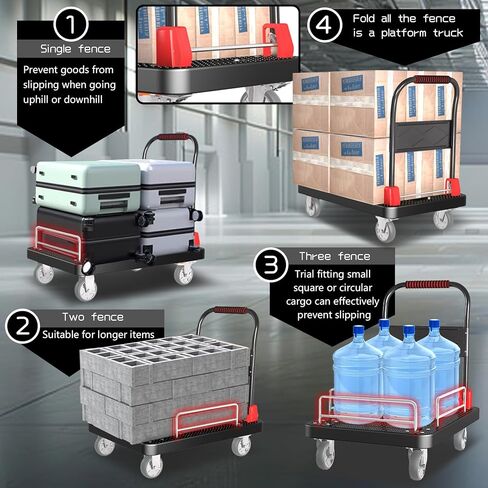 منصة شاحنات مسطحة عربة شديدة التحمل مع عجلات فرامل وسياج عربة يد قابلة للطي سعة 1300 رطل 36 بوصة × 24 بوصة تتحرك دوللي للأثاث/المكتب/البقالة/المرآب، أسود in Kuwait
