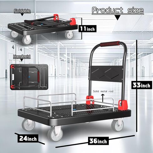 منصة شاحنات مسطحة عربة شديدة التحمل مع عجلات فرامل وسياج عربة يد قابلة للطي سعة 1300 رطل 36 بوصة × 24 بوصة تتحرك دوللي للأثاث/المكتب/البقالة/المرآب، أسود in Kuwait