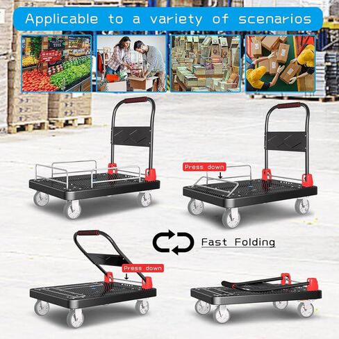 منصة شاحنات مسطحة عربة شديدة التحمل مع عجلات فرامل وسياج عربة يد قابلة للطي سعة 1300 رطل 36 بوصة × 24 بوصة تتحرك دوللي للأثاث/المكتب/البقالة/المرآب، أسود in Kuwait