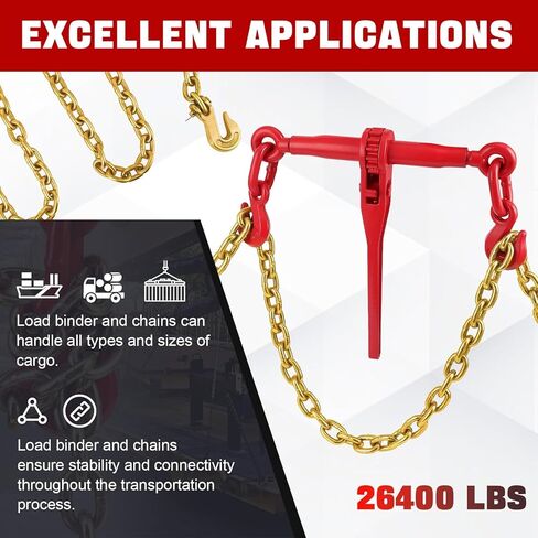 3/8in-1/2in Chains Binders Set of 2, Heavy Duty Ratchet Binders with 2x10FT Chains, 12000 LBS WLL for Towing, Flatbed Cargo Securement, Industrial Hauling for Truckers & Contractors in Kuwait