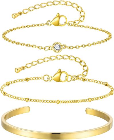 KSF Gold Bracelet Stack for Women - 3pcs 18 k gold pracelet pracelet ، أساور التنس القابلة للتكديس للنساء Cuff Cuff Cupan Cupan paperclip سلسلة المجوهرات غير المشوهة in Kuwait