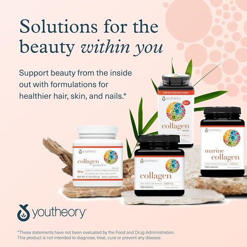 Youtheory Collagen + Biotin - Advanced Collagen Supplement - with Hydrolyzed Peptides, Vitamin C & Vitamin B - Supports Hair Growth, Nail Health & Skin - 390 Tablets in Saudi Arabia