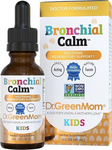 Dr. Green Mom Bronchial Calm Kids - Natural Cough Liquid Drops for Babies, Toddlers & Children - Herbal Kids Cold & Flu Support - Natural, Sugar-Free, Non-GMO, Dye-Free in Kuwait