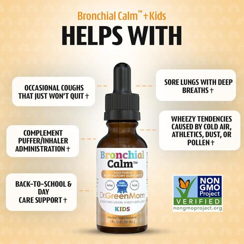 Dr. Green Mom Bronchial Calm Kids - Natural Cough Liquid Drops for Babies, Toddlers & Children - Herbal Kids Cold & Flu Support - Natural, Sugar-Free, Non-GMO, Dye-Free in Kuwait