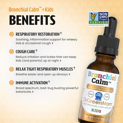 Dr. Green Mom Bronchial Calm Kids - Natural Cough Liquid Drops for Babies, Toddlers & Children - Herbal Kids Cold & Flu Support - Natural, Sugar-Free, Non-GMO, Dye-Free in Kuwait