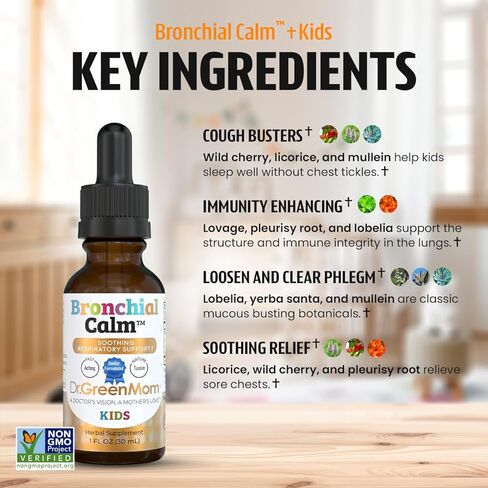 Dr. Green Mom Bronchial Calm Kids - Natural Cough Liquid Drops for Babies, Toddlers & Children - Herbal Kids Cold & Flu Support - Natural, Sugar-Free, Non-GMO, Dye-Free in Kuwait