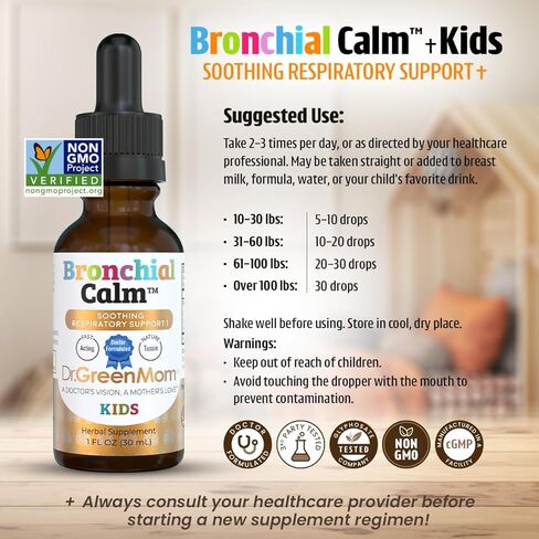 Dr. Green Mom Bronchial Calm Kids - Natural Cough Liquid Drops for Babies, Toddlers & Children - Herbal Kids Cold & Flu Support - Natural, Sugar-Free, Non-GMO, Dye-Free in Kuwait