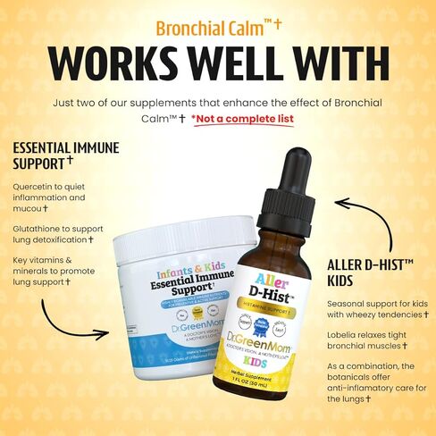 Dr. Green Mom Bronchial Calm Kids - Natural Cough Liquid Drops for Babies, Toddlers & Children - Herbal Kids Cold & Flu Support - Natural, Sugar-Free, Non-GMO, Dye-Free in Kuwait