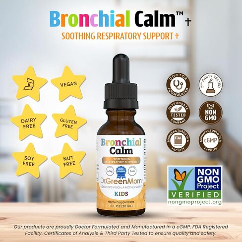 Dr. Green Mom Bronchial Calm Kids - Natural Cough Liquid Drops for Babies, Toddlers & Children - Herbal Kids Cold & Flu Support - Natural, Sugar-Free, Non-GMO, Dye-Free in Kuwait