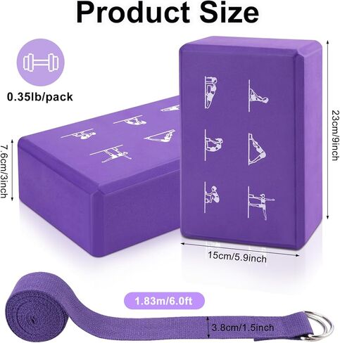 2 Yoga Block and 2 Yoga Strap Set,Non-slip EVA Foam Blocks, High Density Yoga Bricks with 6ft Strap, Supportive Latex-Free Yoga Block Accessories for Pilates in Kuwait